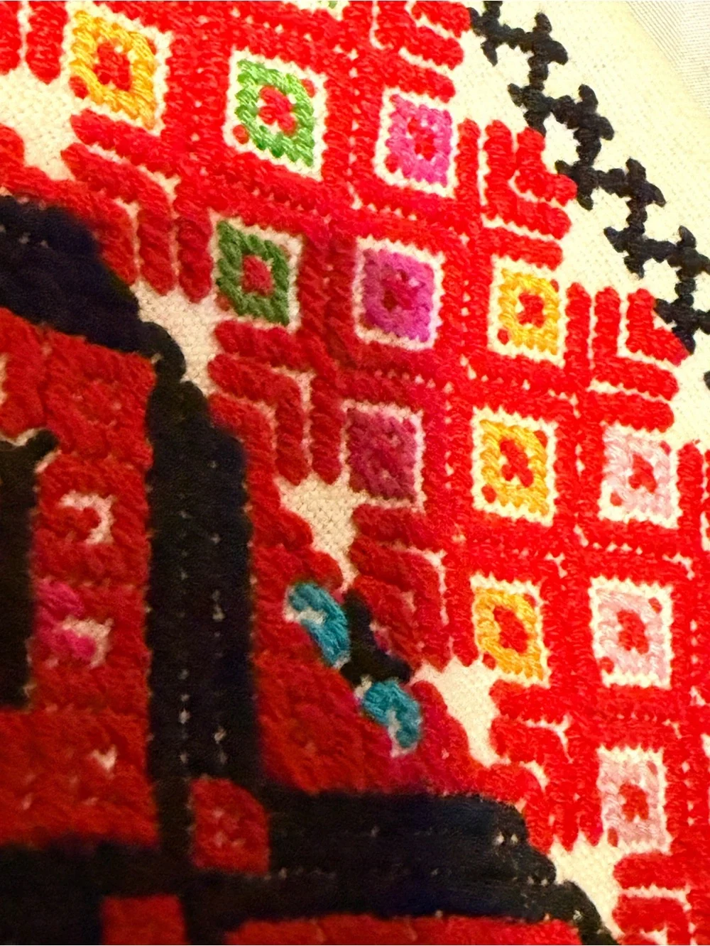 Vintage Hand Embroidered 16x16 Pillow Cover | Boho Folk Art Geometric Accent